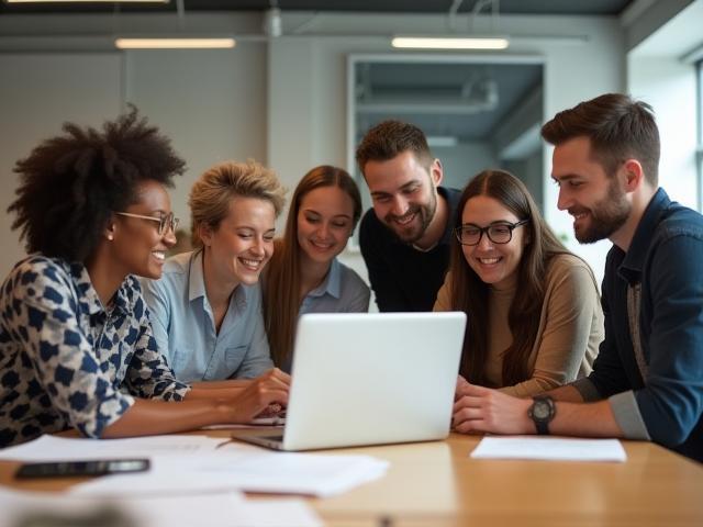 Diverse team at Studio Brillante collaborating in a modern office setting in Milan